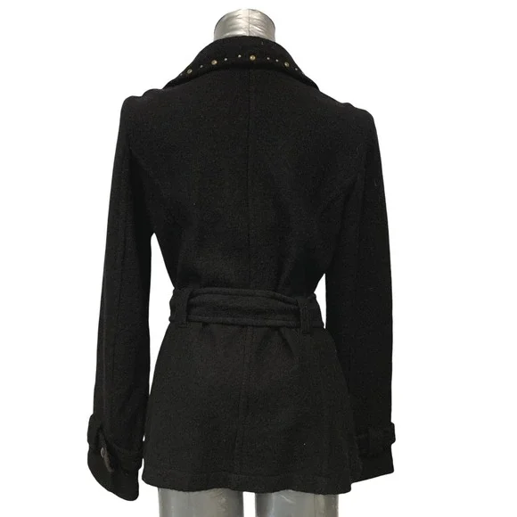 A Giannetti Black 100% Wool Knit Studded Collar Belted Moto Jacket Womens sz M - Picture 2 of 5